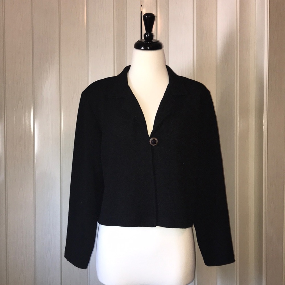 Black one-button polyester spandex blend blazer